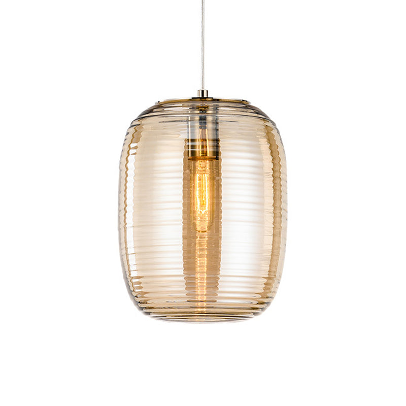 Amber/Smoke Cylinder Pendant Light Post-Modern 1 Light Ribbed Glass Hanging Light Fixture for Bedroom Clearhalo 'Ceiling Lights' 'Glass shade' 'Glass' 'Modern Pendants' 'Modern' 'Pendant Lights' 'Pendants' Lighting' 1903102