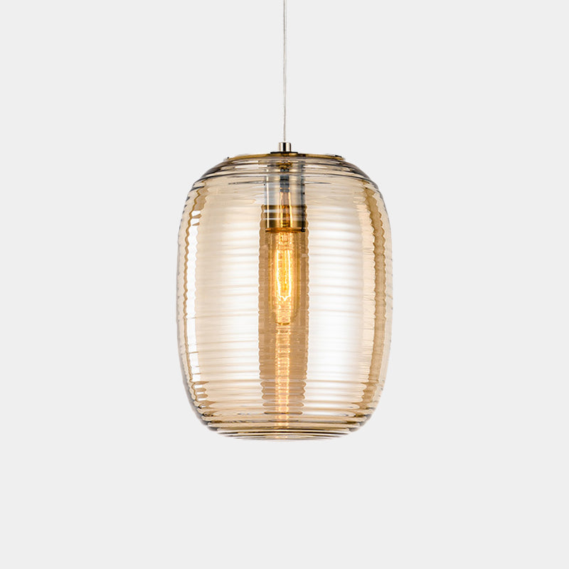 Amber/Smoke Cylinder Pendant Light Post-Modern 1 Light Ribbed Glass Hanging Light Fixture for Bedroom Clearhalo 'Ceiling Lights' 'Glass shade' 'Glass' 'Modern Pendants' 'Modern' 'Pendant Lights' 'Pendants' Lighting' 1903103