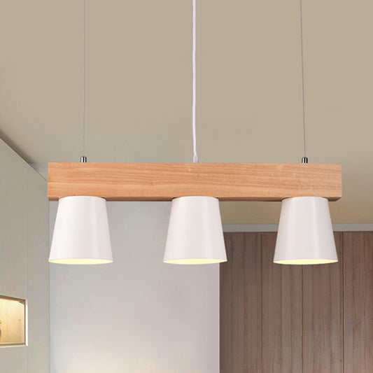 Conical Frustum Island Pendant Light Nordic Metal 3-Head Dining Table Suspension Lamp in White with Wood Beam White Clearhalo 'Ceiling Lights' 'Island Lights' Lighting' 1903113