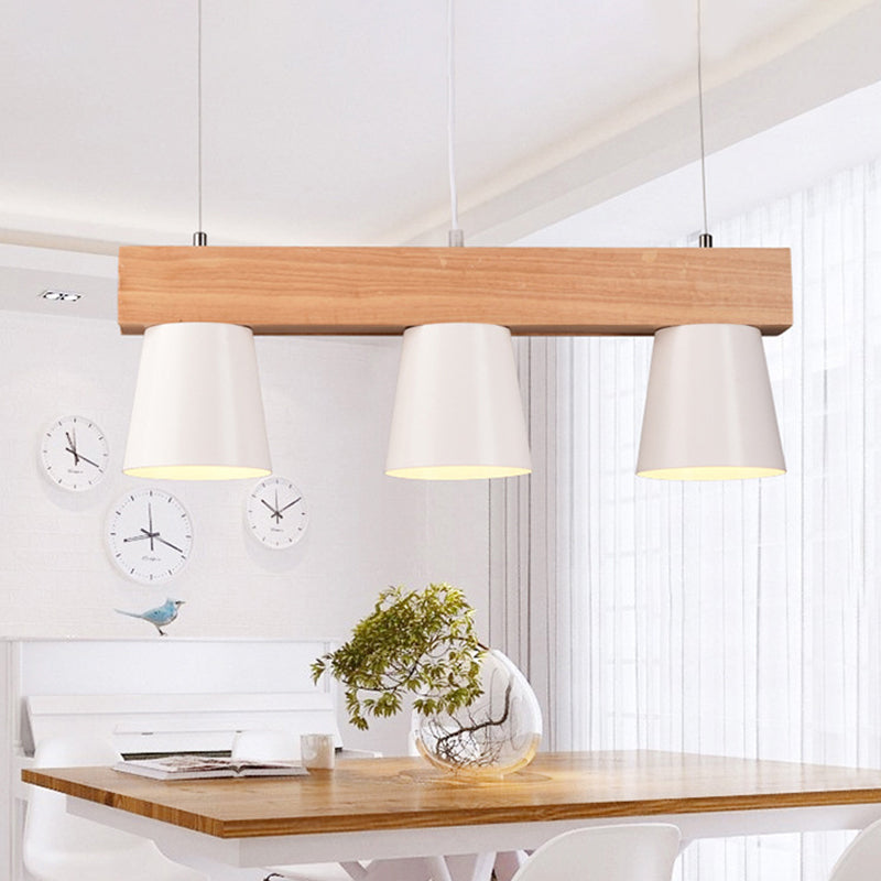 Conical Frustum Island Pendant Light Nordic Metal 3-Head Dining Table Suspension Lamp in White with Wood Beam Clearhalo 'Ceiling Lights' 'Island Lights' Lighting' 1903114