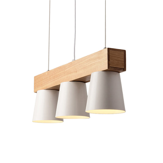 Conical Frustum Island Pendant Light Nordic Metal 3-Head Dining Table Suspension Lamp in White with Wood Beam Clearhalo 'Ceiling Lights' 'Island Lights' Lighting' 1903115