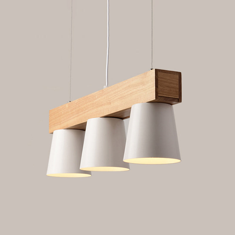 Conical Frustum Island Pendant Light Nordic Metal 3-Head Dining Table Suspension Lamp in White with Wood Beam Clearhalo 'Ceiling Lights' 'Island Lights' Lighting' 1903116