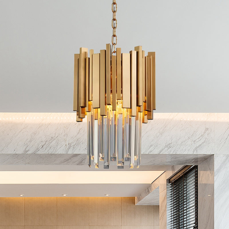 3 Lights Tiered Pendant Light Modernism Metal Hanging Ceiling Light with Clear Crystal Block in Chrome/Gold Gold Clearhalo 'Ceiling Lights' 'Modern Pendants' 'Modern' 'Pendant Lights' 'Pendants' Lighting' 1903126