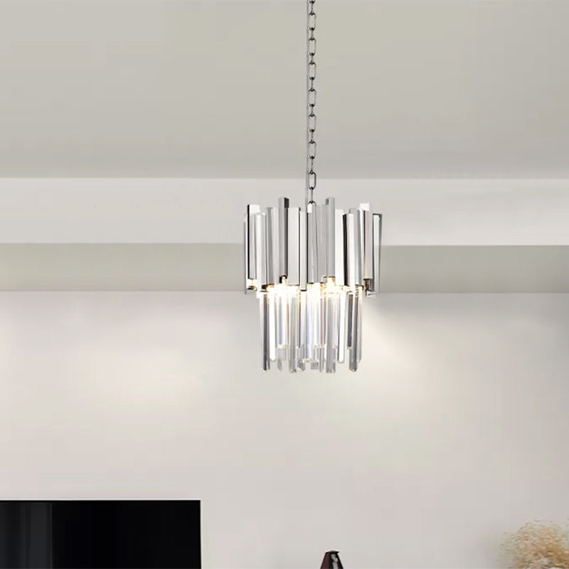 3 Lights Tiered Pendant Light Modernism Metal Hanging Ceiling Light with Clear Crystal Block in Chrome/Gold Clearhalo 'Ceiling Lights' 'Modern Pendants' 'Modern' 'Pendant Lights' 'Pendants' Lighting' 1903127