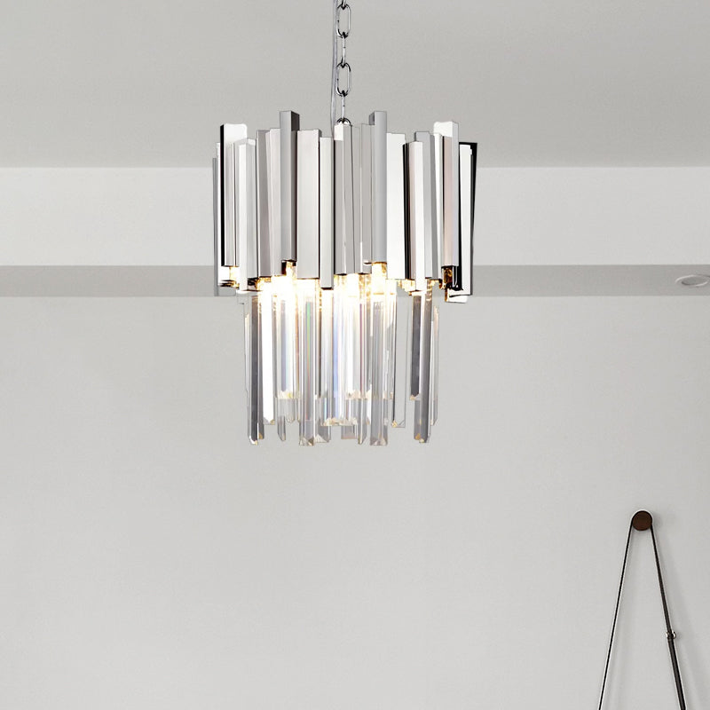 3 Lights Tiered Pendant Light Modernism Metal Hanging Ceiling Light with Clear Crystal Block in Chrome/Gold Clearhalo 'Ceiling Lights' 'Modern Pendants' 'Modern' 'Pendant Lights' 'Pendants' Lighting' 1903128