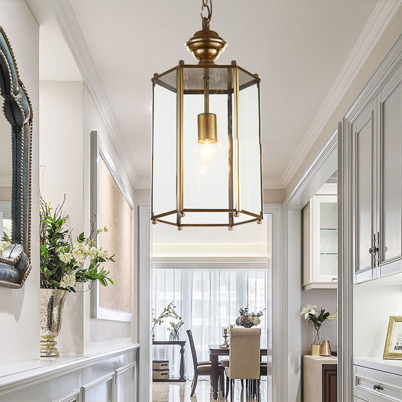 1 Light Lantern Pendant Lighting Fixture Traditional Brass Clear Glass Hanging Ceiling Light Clear Clearhalo 'Ceiling Lights' 'Chandeliers' 'Glass shade' 'Glass' 'Industrial Pendants' 'Industrial' 'Middle Century Pendants' 'Pendant Lights' 'Pendants' 'Tiffany' Lighting' 1903241