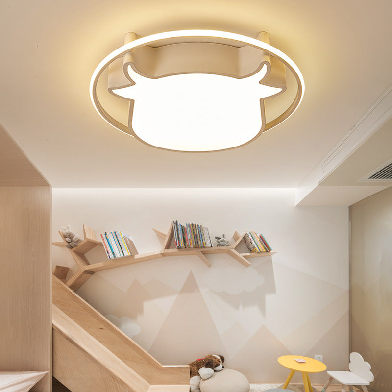 Ring Kid Bedroom Flush Ceiling Light with Ox Head Acrylic Animal Eye-Caring Ceiling Lamp White Clearhalo 'Ceiling Lights' 'Close To Ceiling Lights' 'Close to ceiling' Lighting' 1903379