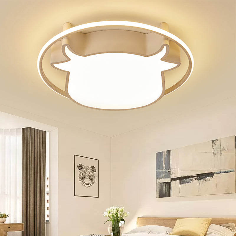 Ring Kid Bedroom Flush Ceiling Light with Ox Head Acrylic Animal Eye-Caring Ceiling Lamp Clearhalo 'Ceiling Lights' 'Close To Ceiling Lights' 'Close to ceiling' Lighting' 1903380