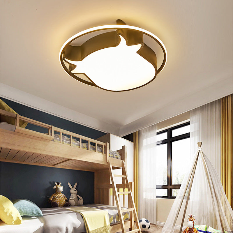 Ring Kid Bedroom Flush Ceiling Light with Ox Head Acrylic Animal Eye-Caring Ceiling Lamp Black Clearhalo 'Ceiling Lights' 'Close To Ceiling Lights' 'Close to ceiling' Lighting' 1903386