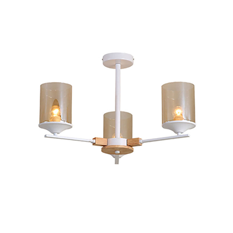 Cognac Cylinder Shade Chandelier Lighting 3/6 Heads Contemporary Wood Hanging Light for Living Room Clearhalo 'Ceiling Lights' 'Chandeliers' 'Glass shade' 'Glass' 'Modern Chandeliers' 'Modern' Lighting' 190348