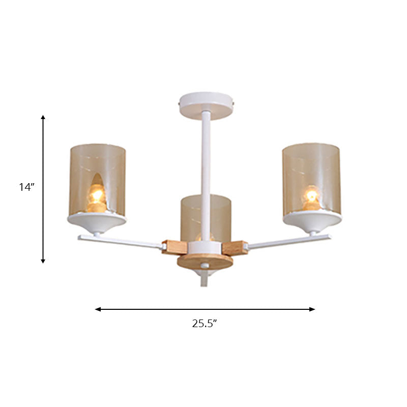 Cognac Cylinder Shade Chandelier Lighting 3/6 Heads Contemporary Wood Hanging Light for Living Room Clearhalo 'Ceiling Lights' 'Chandeliers' 'Glass shade' 'Glass' 'Modern Chandeliers' 'Modern' Lighting' 190349