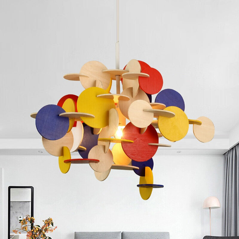 Puzzle Wooden Ceiling Pendant Nordic 1-Light Kid's Bedroom Hanging Lamp in Multicolor/Natural Color Clearhalo 'Ceiling Lights' 'Pendant Lights' 'Pendants' Lighting' 1903495