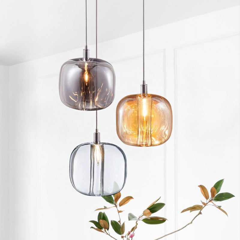 Designer Drum Suspension Pendant Mirrored Clear/Amber/Smoke Glass 1 Light Hanging Lamp Fixture Clearhalo 'Ceiling Lights' 'Glass shade' 'Glass' 'Modern Pendants' 'Modern' 'Pendant Lights' 'Pendants' Lighting' 1903505