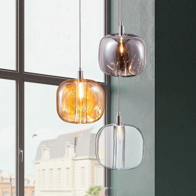 Designer Drum Suspension Pendant Mirrored Clear/Amber/Smoke Glass 1 Light Hanging Lamp Fixture Clearhalo 'Ceiling Lights' 'Glass shade' 'Glass' 'Modern Pendants' 'Modern' 'Pendant Lights' 'Pendants' Lighting' 1903506