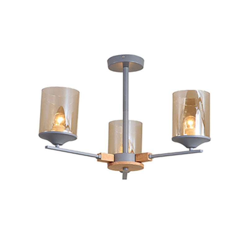 Cognac Cylinder Shade Chandelier Lighting 3/6 Heads Contemporary Wood Hanging Light for Living Room Clearhalo 'Ceiling Lights' 'Chandeliers' 'Glass shade' 'Glass' 'Modern Chandeliers' 'Modern' Lighting' 190351