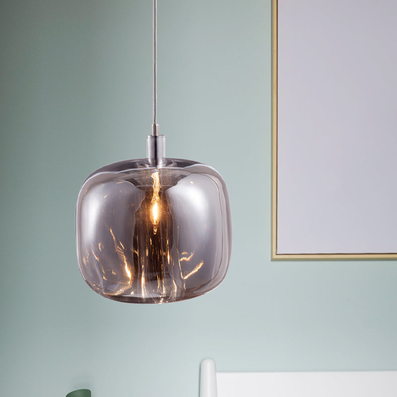 Designer Drum Suspension Pendant Mirrored Clear/Amber/Smoke Glass 1 Light Hanging Lamp Fixture Smoke Gray Clearhalo 'Ceiling Lights' 'Glass shade' 'Glass' 'Modern Pendants' 'Modern' 'Pendant Lights' 'Pendants' Lighting' 1903510