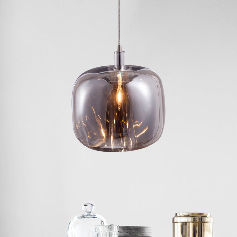 Designer Drum Suspension Pendant Mirrored Clear/Amber/Smoke Glass 1 Light Hanging Lamp Fixture Clearhalo 'Ceiling Lights' 'Glass shade' 'Glass' 'Modern Pendants' 'Modern' 'Pendant Lights' 'Pendants' Lighting' 1903511