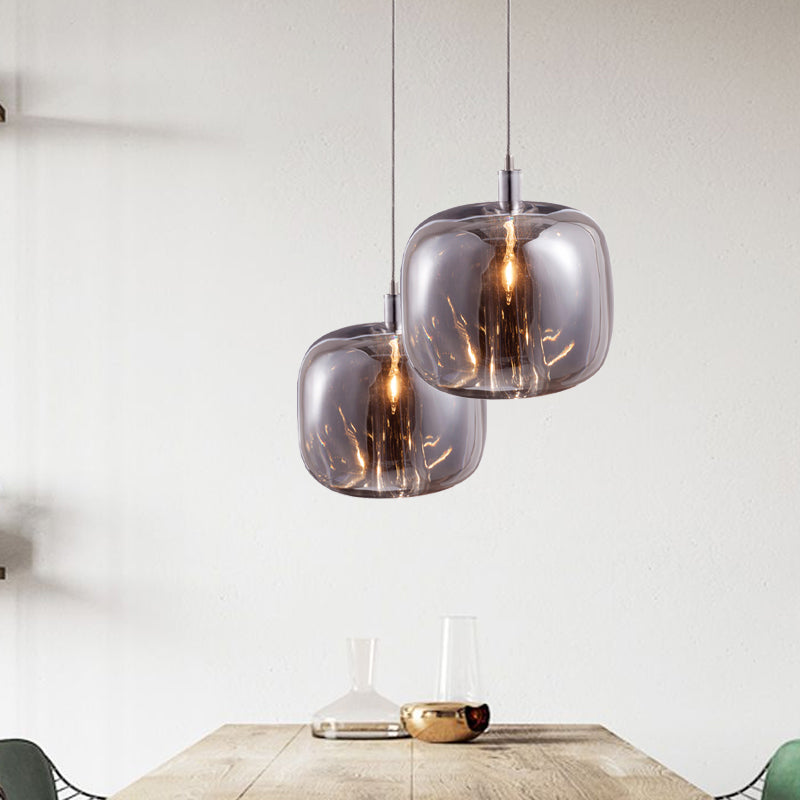 Designer Drum Suspension Pendant Mirrored Clear/Amber/Smoke Glass 1 Light Hanging Lamp Fixture Clearhalo 'Ceiling Lights' 'Glass shade' 'Glass' 'Modern Pendants' 'Modern' 'Pendant Lights' 'Pendants' Lighting' 1903512