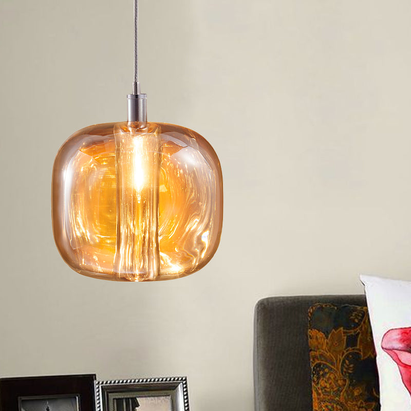 Designer Drum Suspension Pendant Mirrored Clear/Amber/Smoke Glass 1 Light Hanging Lamp Fixture Amber Clearhalo 'Ceiling Lights' 'Glass shade' 'Glass' 'Modern Pendants' 'Modern' 'Pendant Lights' 'Pendants' Lighting' 1903514