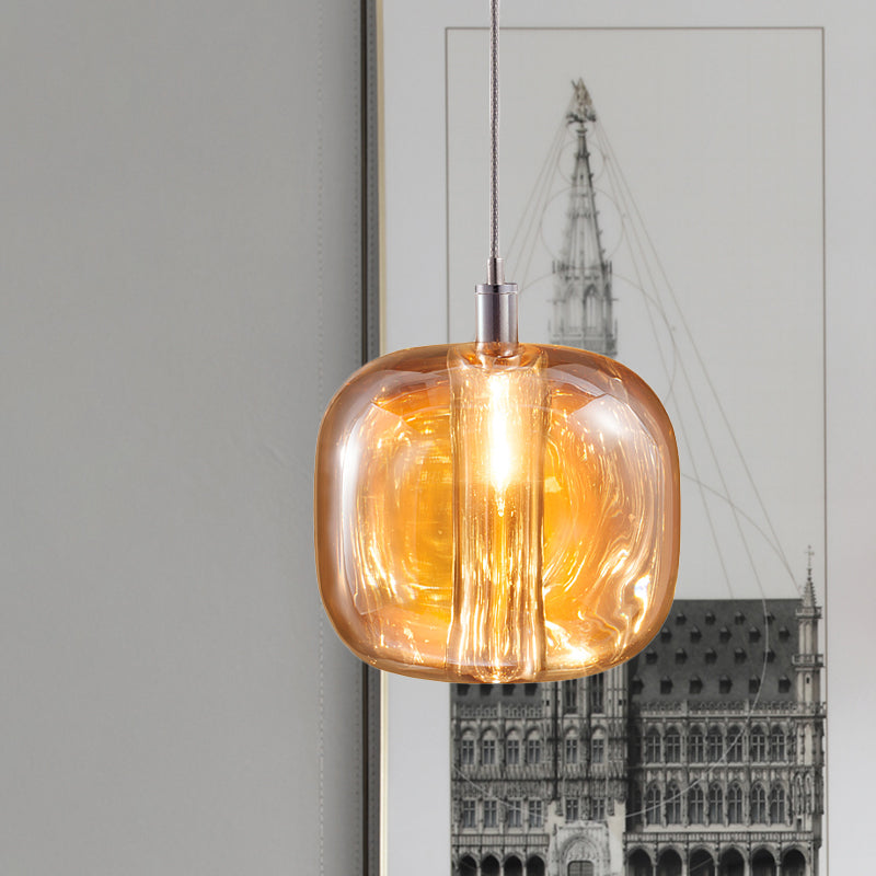 Designer Drum Suspension Pendant Mirrored Clear/Amber/Smoke Glass 1 Light Hanging Lamp Fixture Clearhalo 'Ceiling Lights' 'Glass shade' 'Glass' 'Modern Pendants' 'Modern' 'Pendant Lights' 'Pendants' Lighting' 1903515