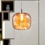 Designer Drum Suspension Pendant Mirrored Clear/Amber/Smoke Glass 1 Light Hanging Lamp Fixture Clearhalo 'Ceiling Lights' 'Glass shade' 'Glass' 'Modern Pendants' 'Modern' 'Pendant Lights' 'Pendants' Lighting' 1903516