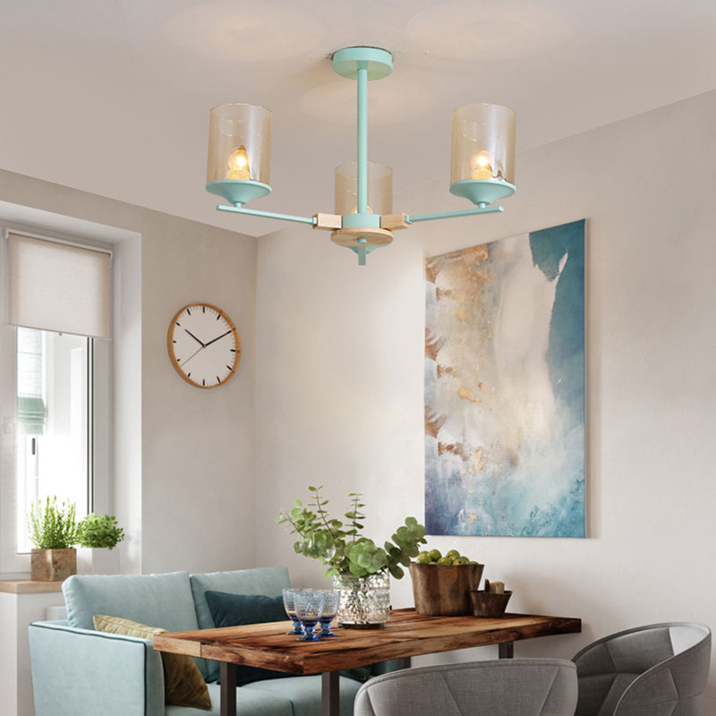 Cognac Cylinder Shade Chandelier Lighting 3/6 Heads Contemporary Wood Hanging Light for Living Room 3 Green Clearhalo 'Ceiling Lights' 'Chandeliers' 'Glass shade' 'Glass' 'Modern Chandeliers' 'Modern' Lighting' 190352