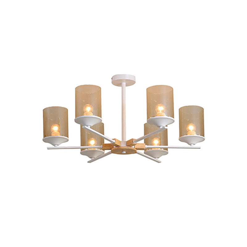 Cognac Cylinder Shade Chandelier Lighting 3/6 Heads Contemporary Wood Hanging Light for Living Room Clearhalo 'Ceiling Lights' 'Chandeliers' 'Glass shade' 'Glass' 'Modern Chandeliers' 'Modern' Lighting' 190355