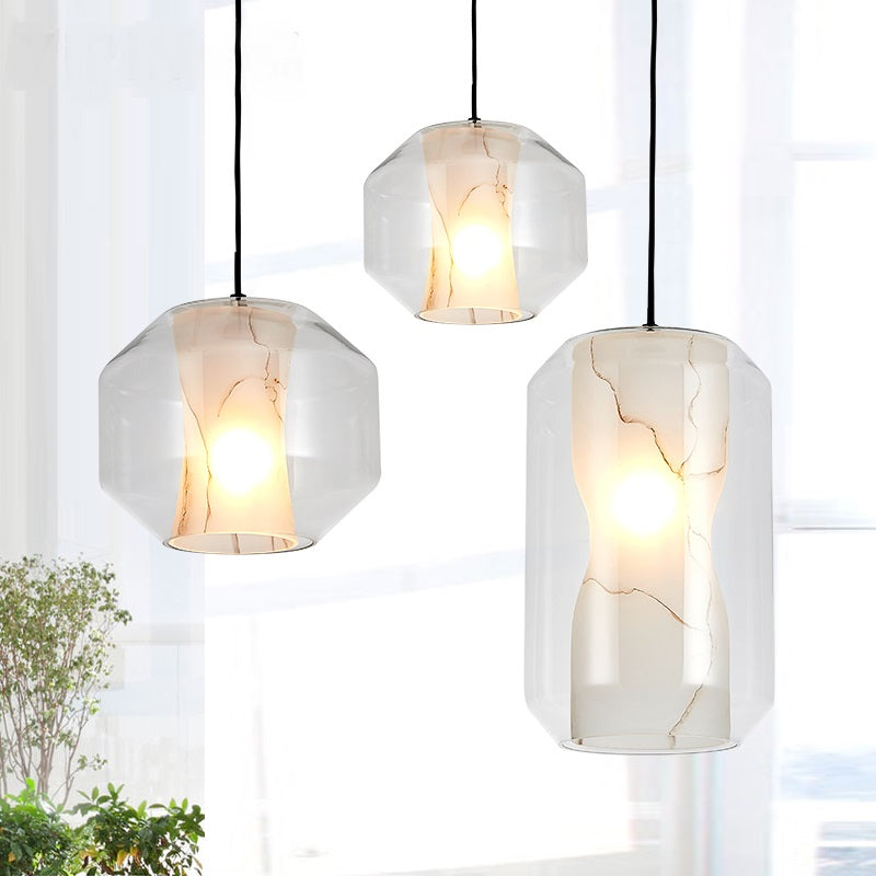 8"/10" Wide Cylinder/Drum Pendant Lighting Modern Clear Glass 1 Light Black Hanging Ceiling Lamp Clearhalo 'Ceiling Lights' 'Glass shade' 'Glass' 'Modern Pendants' 'Modern' 'Pendant Lights' 'Pendants' Lighting' 1903556