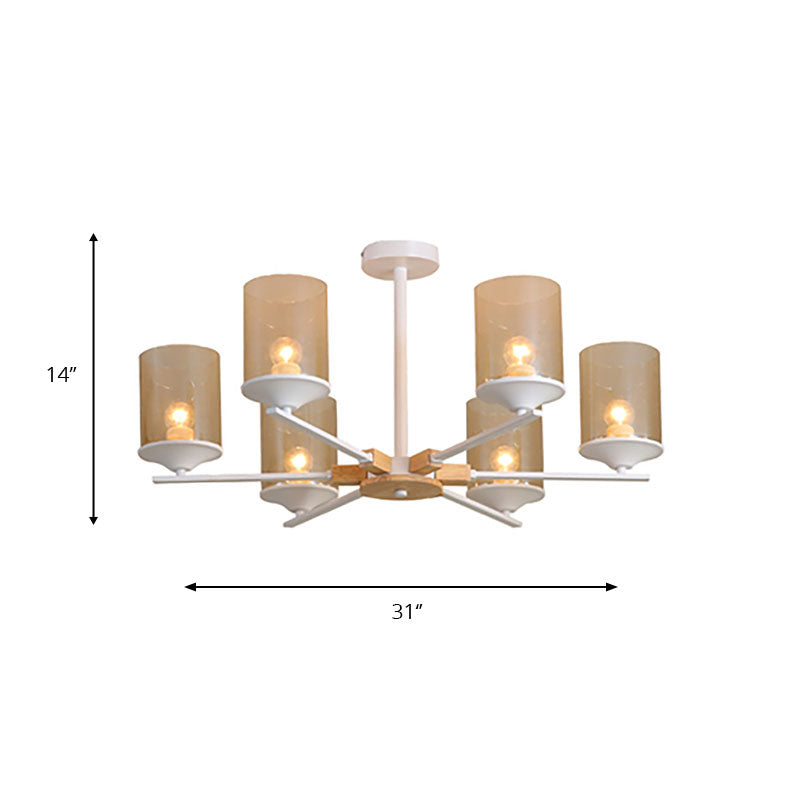 Cognac Cylinder Shade Chandelier Lighting 3/6 Heads Contemporary Wood Hanging Light for Living Room Clearhalo 'Ceiling Lights' 'Chandeliers' 'Glass shade' 'Glass' 'Modern Chandeliers' 'Modern' Lighting' 190356