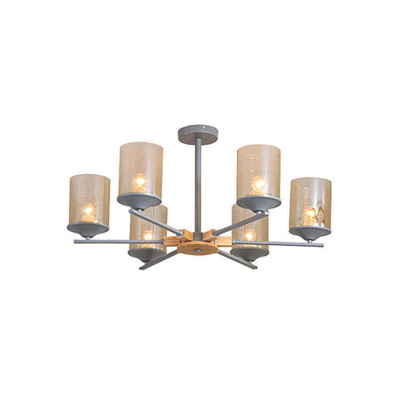 Cognac Cylinder Shade Chandelier Lighting 3/6 Heads Contemporary Wood Hanging Light for Living Room Clearhalo 'Ceiling Lights' 'Chandeliers' 'Glass shade' 'Glass' 'Modern Chandeliers' 'Modern' Lighting' 190358