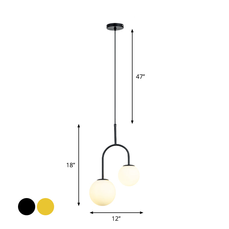 White Glass Global Hanging Pendant Light Modern 2 Heads Black/Gold Suspension Lamp with Arc Arm Clearhalo 'Ceiling Lights' 'Glass shade' 'Glass' 'Modern Pendants' 'Modern' 'Pendant Lights' 'Pendants' Lighting' 1903592