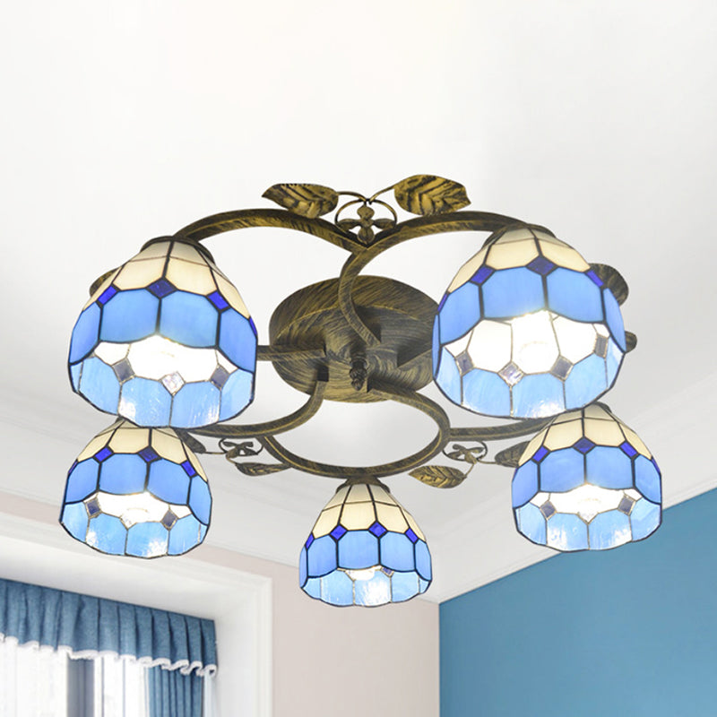Lattice Domed Ceiling Mount Light 5/9 Lights Tiffany Classic Art Glass Ceiling Lamp in Blue/Sky Blue for Cloth Shop 5 Blue Clearhalo 'Ceiling Lights' 'Close To Ceiling Lights' 'Close to ceiling' 'Glass shade' 'Glass' 'Semi-flushmount' 'Tiffany close to ceiling' 'Tiffany' Lighting' 1903616