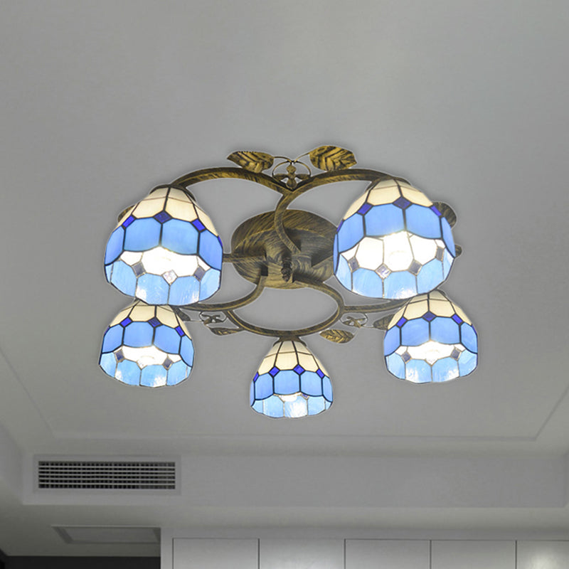 Lattice Domed Ceiling Mount Light 5/9 Lights Tiffany Classic Art Glass Ceiling Lamp in Blue/Sky Blue for Cloth Shop Clearhalo 'Ceiling Lights' 'Close To Ceiling Lights' 'Close to ceiling' 'Glass shade' 'Glass' 'Semi-flushmount' 'Tiffany close to ceiling' 'Tiffany' Lighting' 1903617