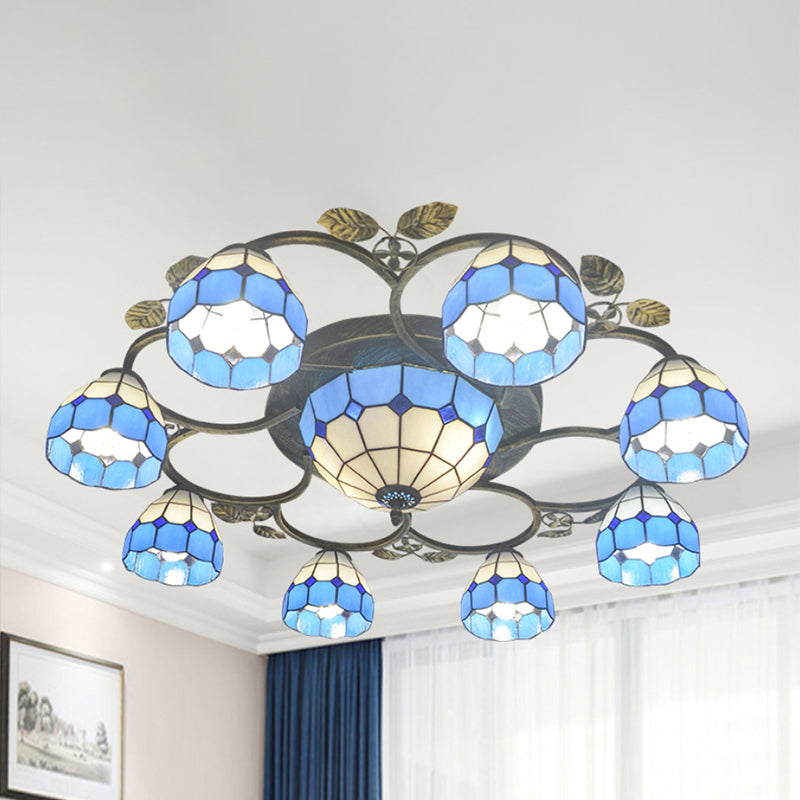 Lattice Domed Ceiling Mount Light 5/9 Lights Tiffany Classic Art Glass Ceiling Lamp in Blue/Sky Blue for Cloth Shop 9 Blue Clearhalo 'Ceiling Lights' 'Close To Ceiling Lights' 'Close to ceiling' 'Glass shade' 'Glass' 'Semi-flushmount' 'Tiffany close to ceiling' 'Tiffany' Lighting' 1903618