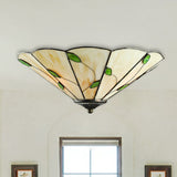 Geometric Ceiling Light Tiffany Stained Glass 3 Lights Flush Mount Ceiling Light with Leaf Theme in White/Beige Beige Clearhalo 'Ceiling Lights' 'Close To Ceiling Lights' 'Close to ceiling' 'Glass shade' 'Glass' 'Semi-flushmount' 'Tiffany close to ceiling' 'Tiffany' Lighting' 1903619