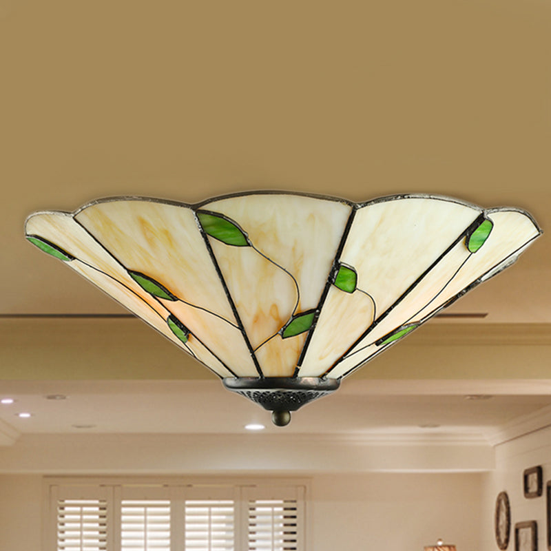 Geometric Ceiling Light Tiffany Stained Glass 3 Lights Flush Mount Ceiling Light with Leaf Theme in White/Beige Clearhalo 'Ceiling Lights' 'Close To Ceiling Lights' 'Close to ceiling' 'Glass shade' 'Glass' 'Semi-flushmount' 'Tiffany close to ceiling' 'Tiffany' Lighting' 1903620