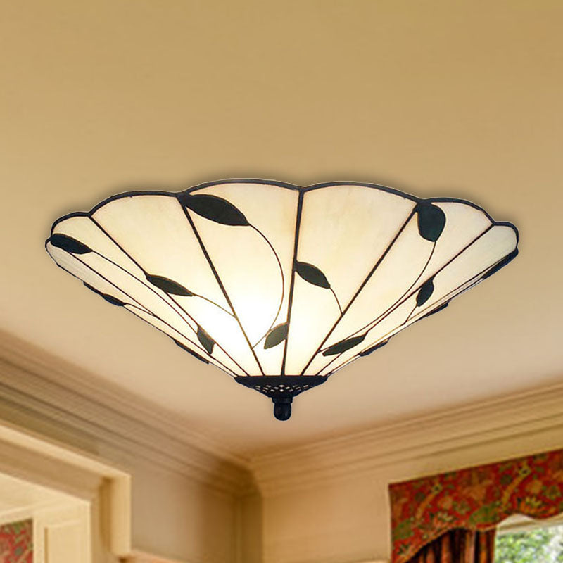 Geometric Ceiling Light Tiffany Stained Glass 3 Lights Flush Mount Ceiling Light with Leaf Theme in White/Beige Clearhalo 'Ceiling Lights' 'Close To Ceiling Lights' 'Close to ceiling' 'Glass shade' 'Glass' 'Semi-flushmount' 'Tiffany close to ceiling' 'Tiffany' Lighting' 1903621