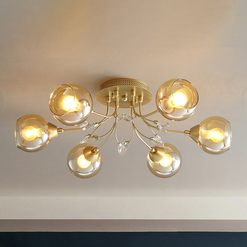 Amber Glass Ball Semi Ceiling Flush Light Traditional 6/9-Light Living Room Flush Light Fixture with Crystal Accent 6 Amber Clearhalo 'Ceiling Lights' 'Close To Ceiling Lights' 'Close to ceiling' 'Semi-flushmount' Lighting' 1903628