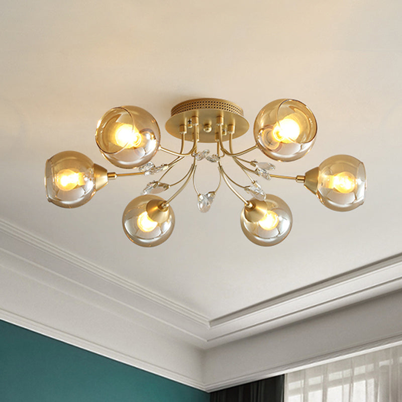 Amber Glass Ball Semi Ceiling Flush Light Traditional 6/9-Light Living Room Flush Light Fixture with Crystal Accent Clearhalo 'Ceiling Lights' 'Close To Ceiling Lights' 'Close to ceiling' 'Semi-flushmount' Lighting' 1903629