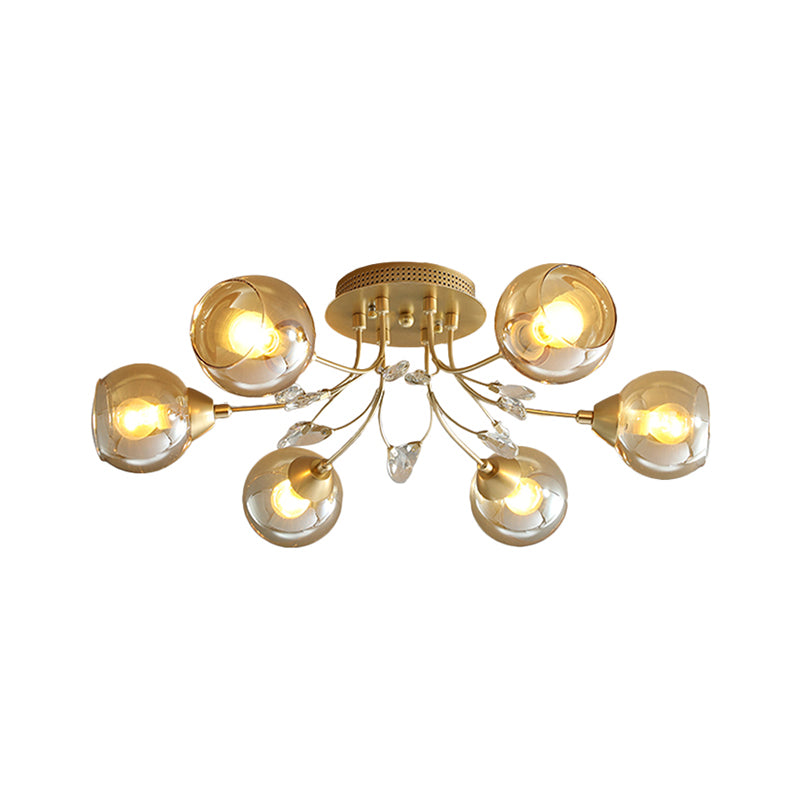 Amber Glass Ball Semi Ceiling Flush Light Traditional 6/9-Light Living Room Flush Light Fixture with Crystal Accent Clearhalo 'Ceiling Lights' 'Close To Ceiling Lights' 'Close to ceiling' 'Semi-flushmount' Lighting' 1903631