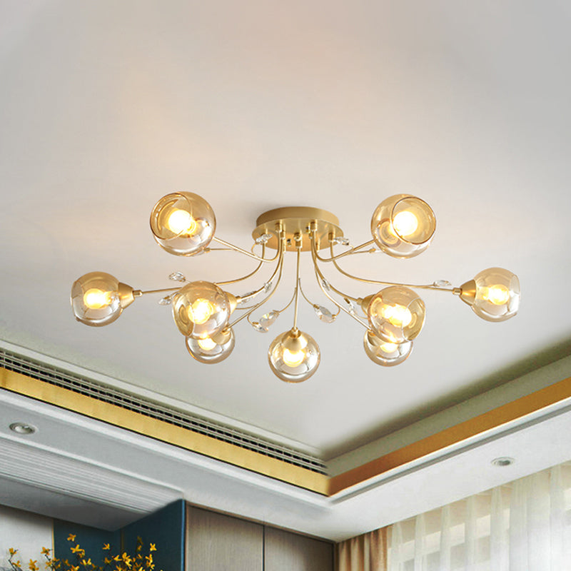 Amber Glass Ball Semi Ceiling Flush Light Traditional 6/9-Light Living Room Flush Light Fixture with Crystal Accent Clearhalo 'Ceiling Lights' 'Close To Ceiling Lights' 'Close to ceiling' 'Semi-flushmount' Lighting' 1903634