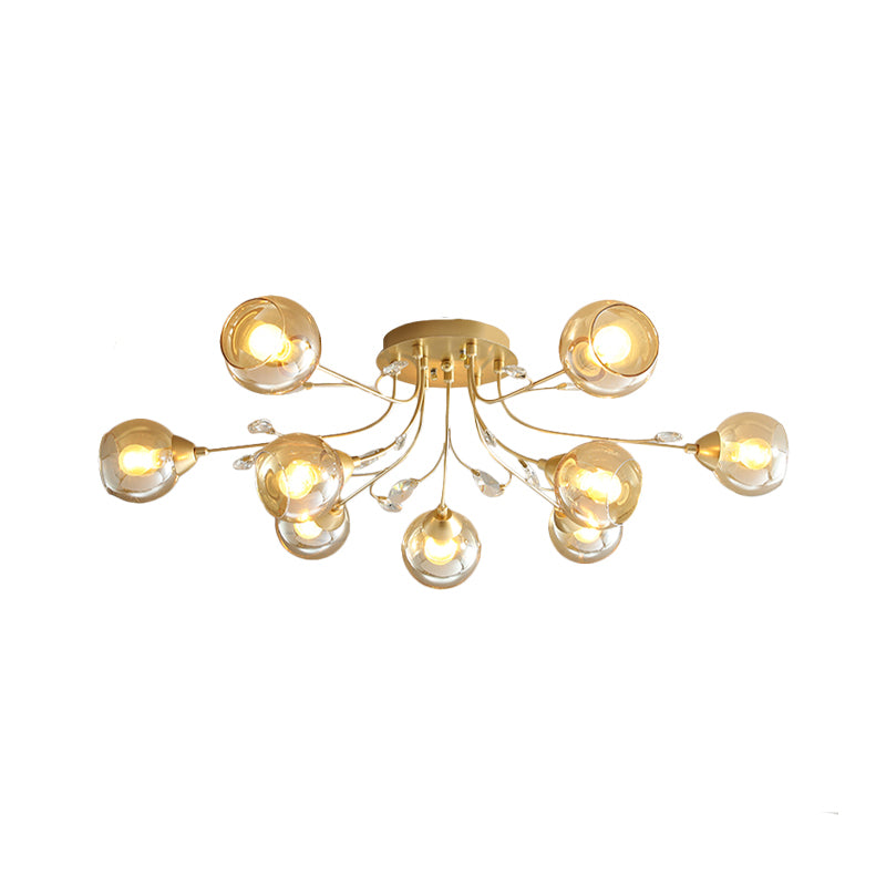 Amber Glass Ball Semi Ceiling Flush Light Traditional 6/9-Light Living Room Flush Light Fixture with Crystal Accent Clearhalo 'Ceiling Lights' 'Close To Ceiling Lights' 'Close to ceiling' 'Semi-flushmount' Lighting' 1903636