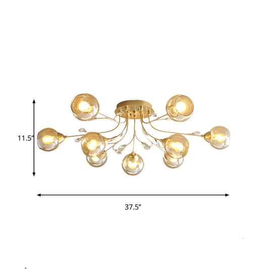 Amber Glass Ball Semi Ceiling Flush Light Traditional 6/9-Light Living Room Flush Light Fixture with Crystal Accent Clearhalo 'Ceiling Lights' 'Close To Ceiling Lights' 'Close to ceiling' 'Semi-flushmount' Lighting' 1903637