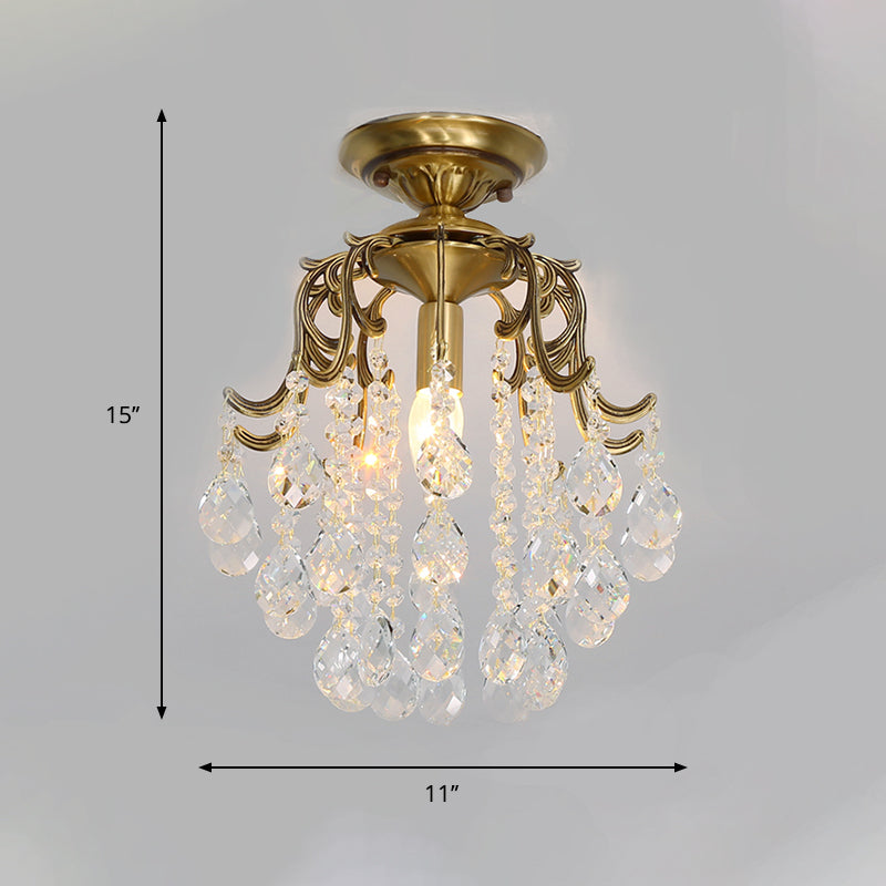 Curved Semi Flush Mount Light Traditional 1-Light Metal Flushmount Ceiling Fixture with Clear/Cognac Crystal Droplet Clearhalo 'Ceiling Lights' 'Close To Ceiling Lights' 'Close to ceiling' 'Semi-flushmount' Lighting' 1903638