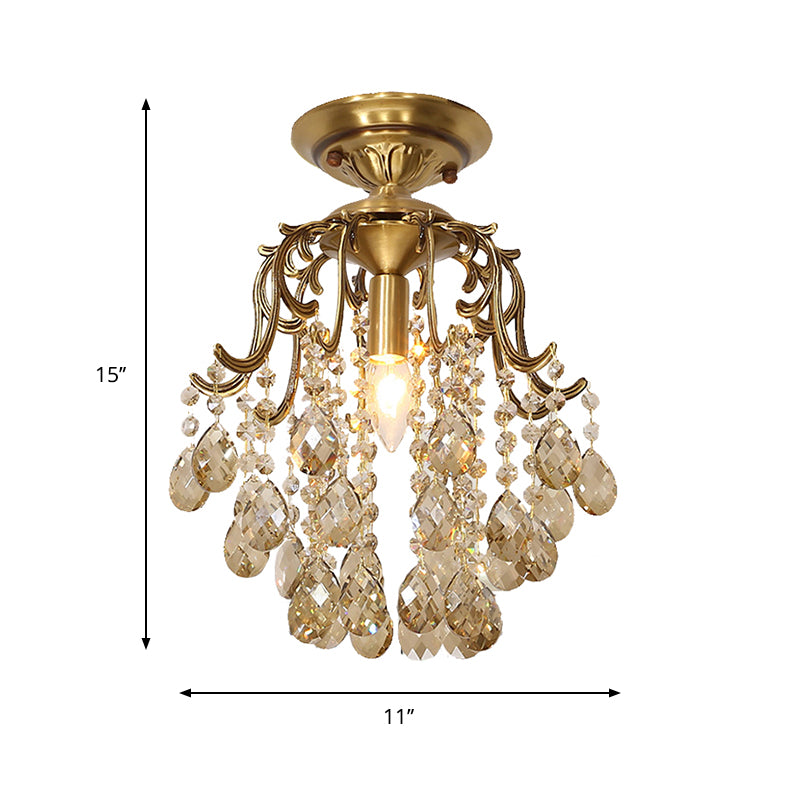 Curved Semi Flush Mount Light Traditional 1-Light Metal Flushmount Ceiling Fixture with Clear/Cognac Crystal Droplet Clearhalo 'Ceiling Lights' 'Close To Ceiling Lights' 'Close to ceiling' 'Semi-flushmount' Lighting' 1903639