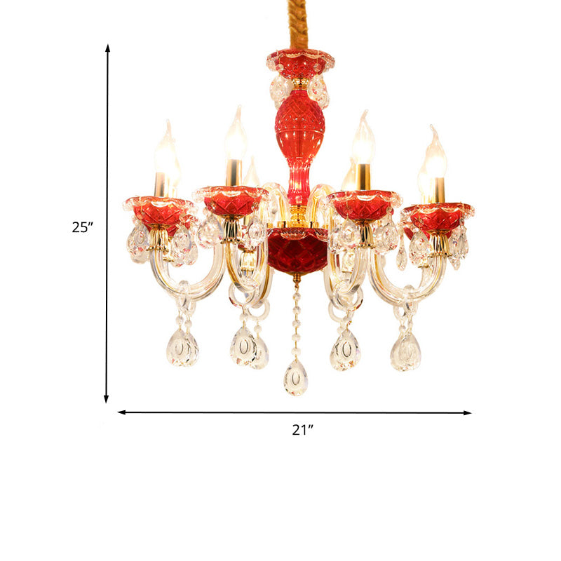 Candle Restaurant Hanging Lamp Kit Traditional Crystal Drip 6/8 Lights Red Chandelier Lighting Clearhalo 'Ceiling Lights' 'Chandeliers' Lighting' options 1903643