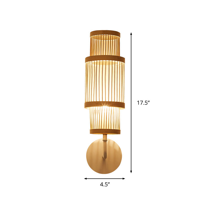 Cylinder Wall Lamp Fixture Asian Style Bamboo Single Bulb Wood Wall Lighting with Curved Arm for Restaurant Clearhalo 'Wall Lamps & Sconces' 'Wall Lights' Lighting' 1903738