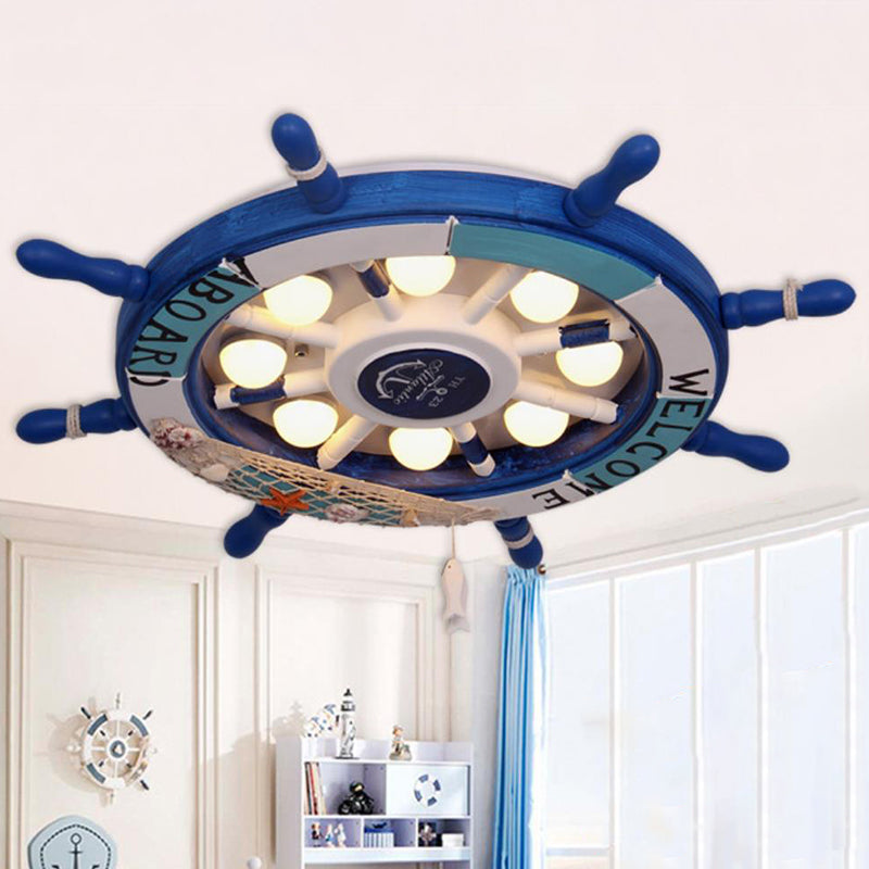 Wooden Ship Rudder Ceiling Lamp Kids 8-Bulb White/Pink/Blue LED Semi Flush Mount Light in White/3 Color Light Blue Clearhalo 'Ceiling Lights' 'Close To Ceiling Lights' 'Close to ceiling' 'Flush mount' Lighting' 1903803