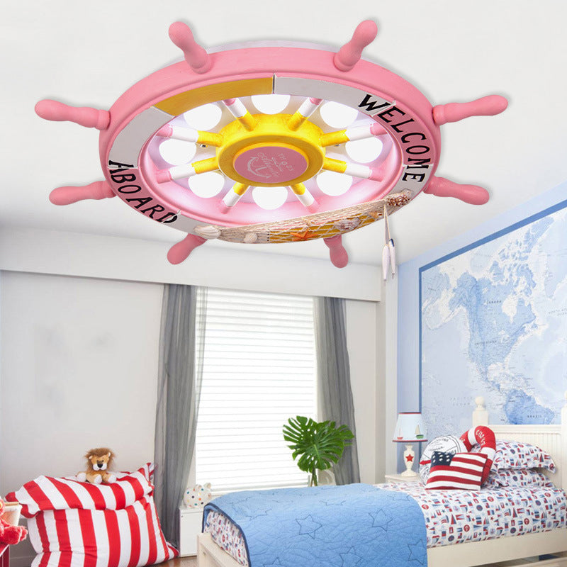 Wooden Ship Rudder Ceiling Lamp Kids 8-Bulb White/Pink/Blue LED Semi Flush Mount Light in White/3 Color Light Pink Clearhalo 'Ceiling Lights' 'Close To Ceiling Lights' 'Close to ceiling' 'Flush mount' Lighting' 1903806