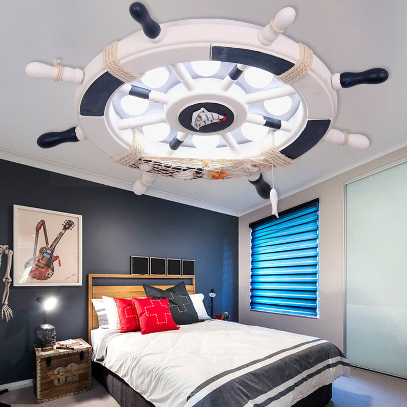 8-Head Boys Bedroom Flush Light Kid Blue/White/Yellow LED Ceiling Mounted Lamp with Rudder Wood Shade, White/3 Color Light White Clearhalo 'Ceiling Lights' 'Close To Ceiling Lights' 'Close to ceiling' 'Flush mount' Lighting' 1903815